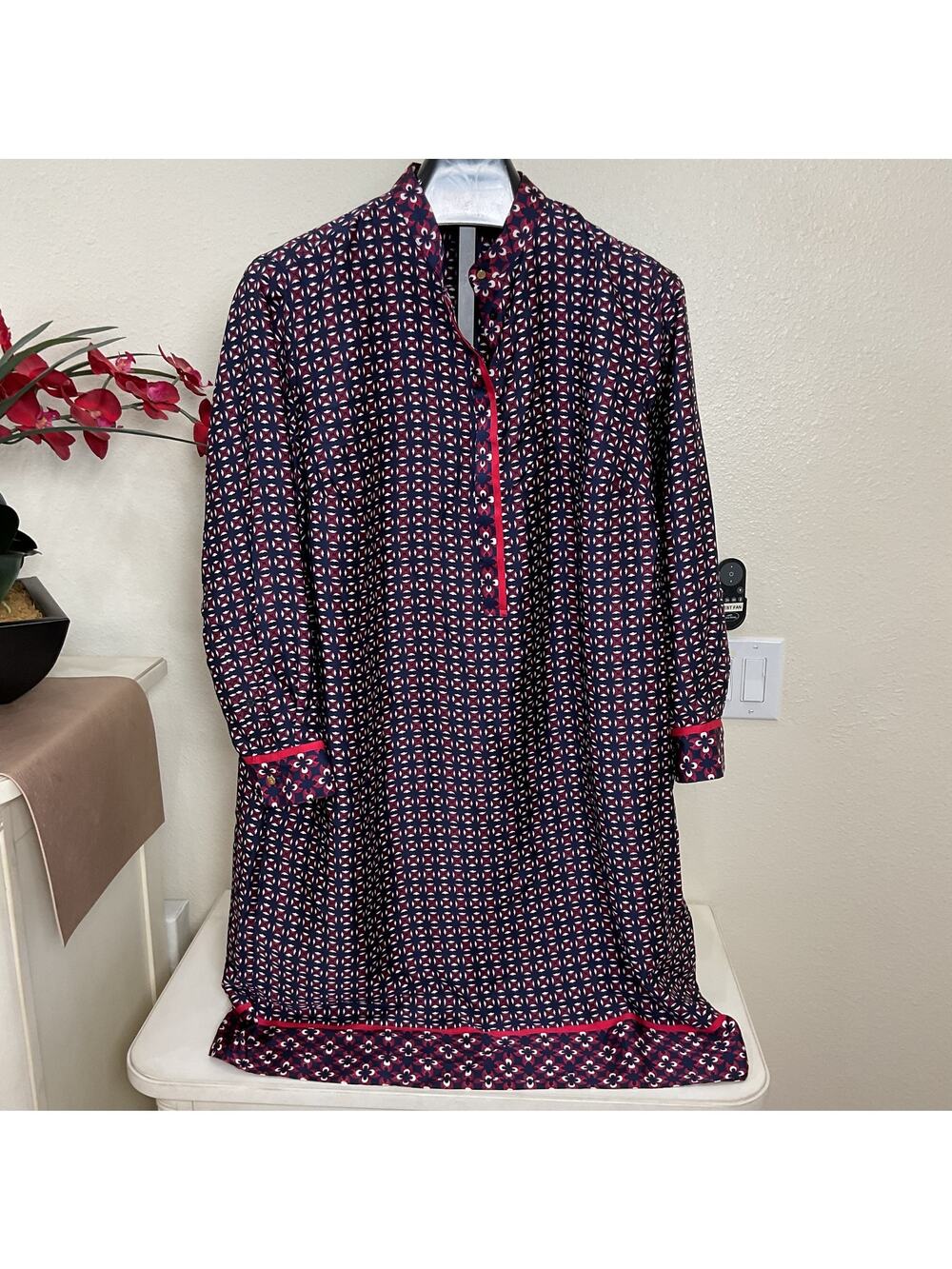 Lauren Ralph Long Sleeve Shirt Dress Navy Red White Geometric Print 18W